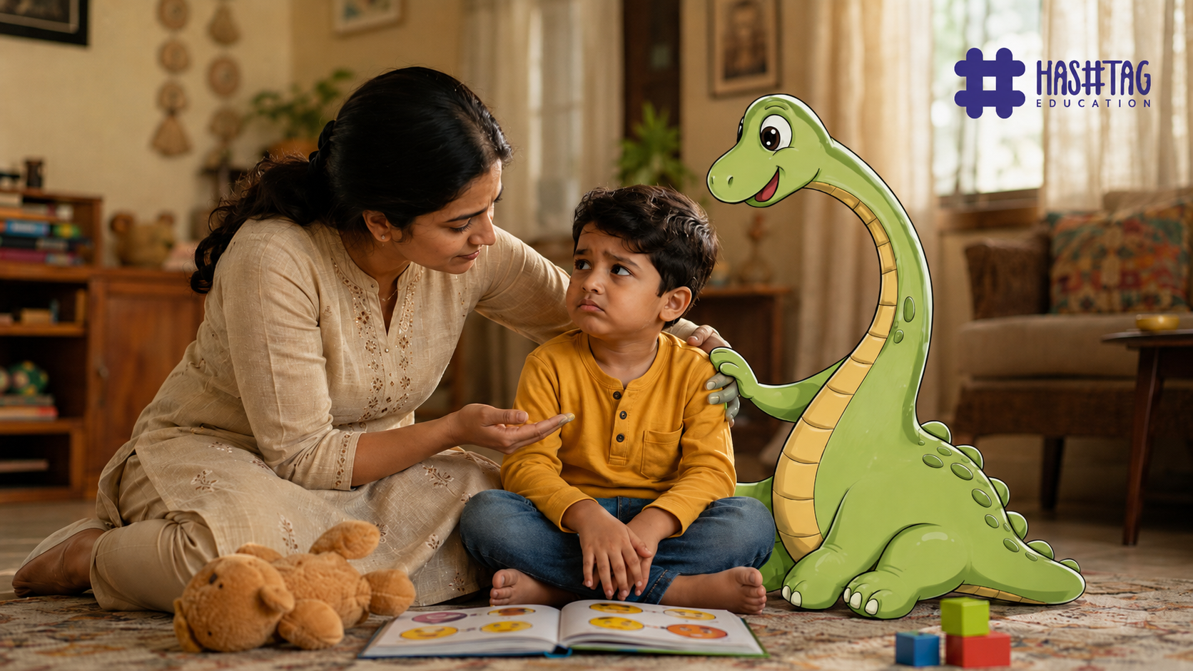 How to raise an emotionally intelligent child shown through a parent kneeling and gently talking to an upset young child