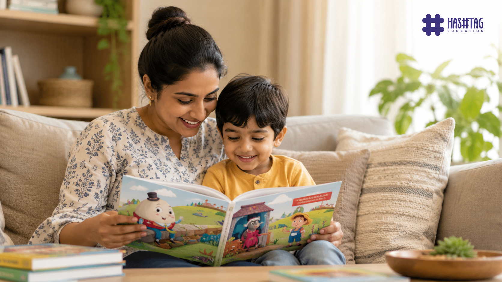 How to develop reading habit in kids shown through a parent and child reading a picture book together on a sofa