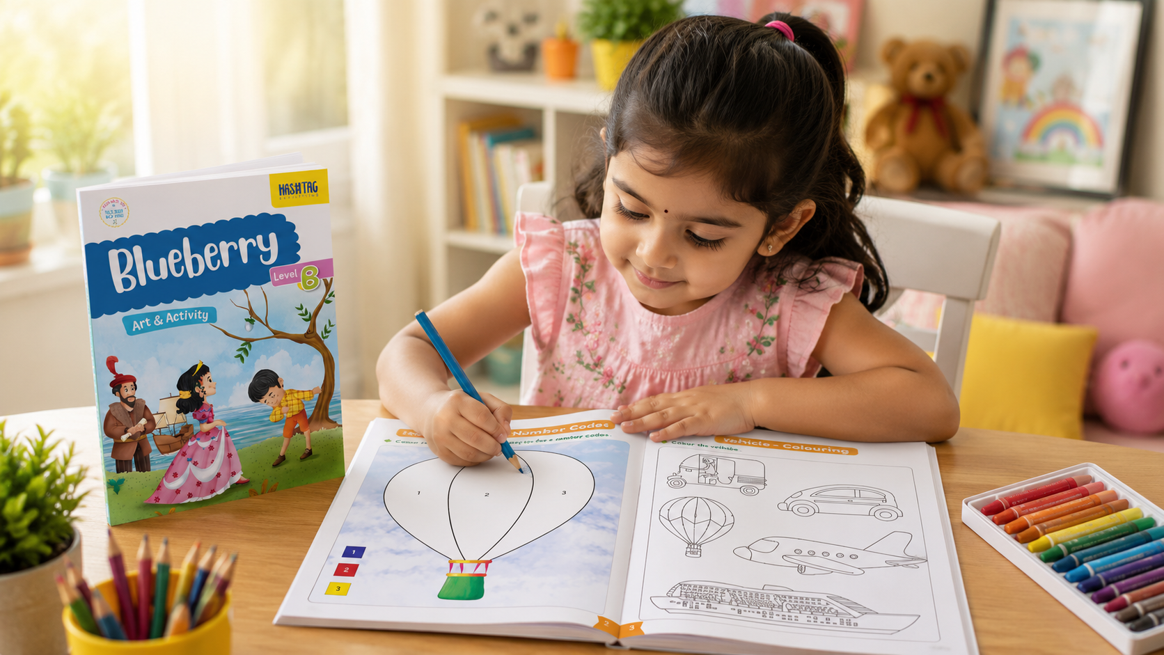 Summer learning activities for kids set up at a home craft table