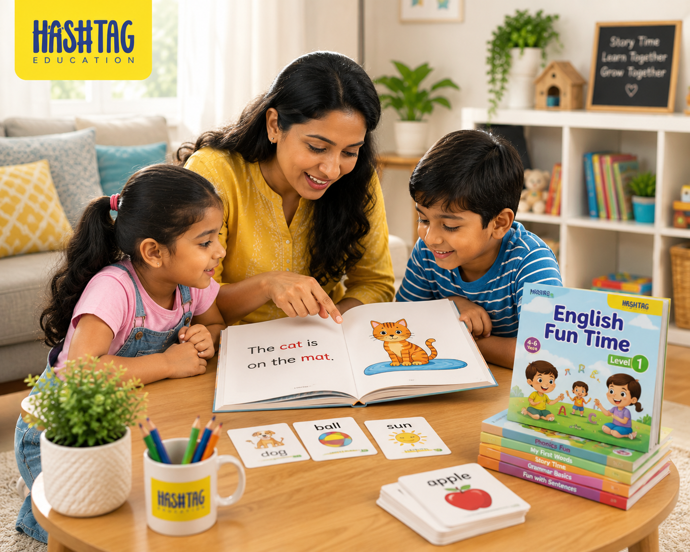 Parent teaching English to kids at home India during story time