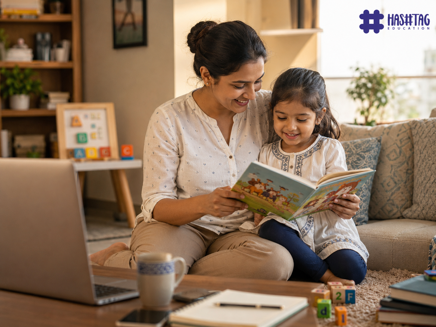 Working parents early learning tips India with parent reading to preschool child at home