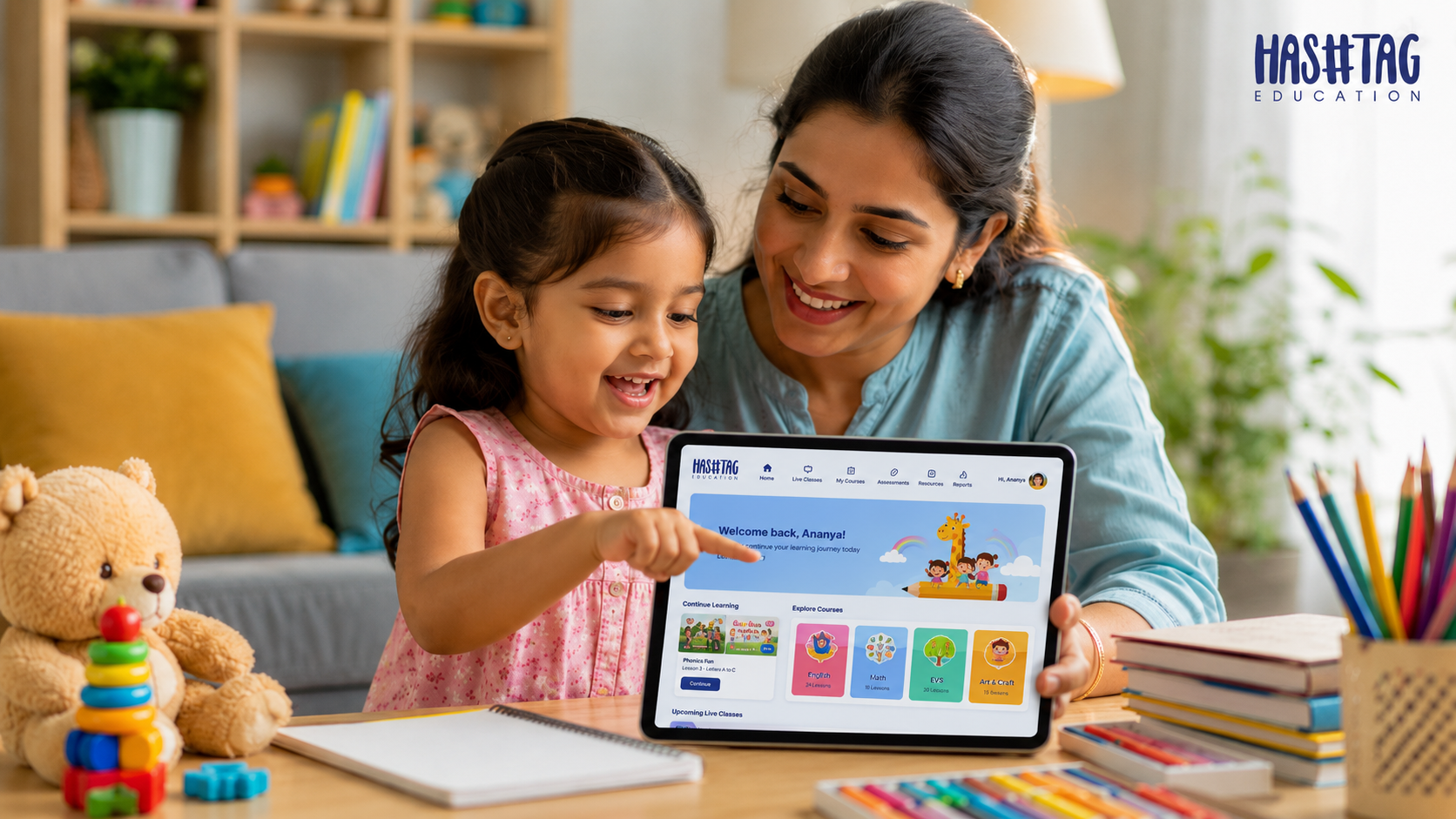 Online learning for preschoolers shown through a young child happily learning on a tablet with a parent sitting close by