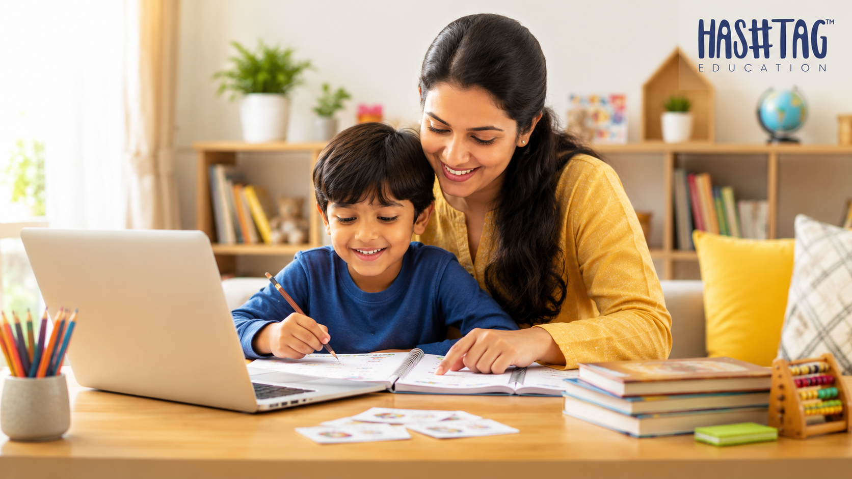Nursery admission preparation India with parent helping preschool child during school readiness activities at home