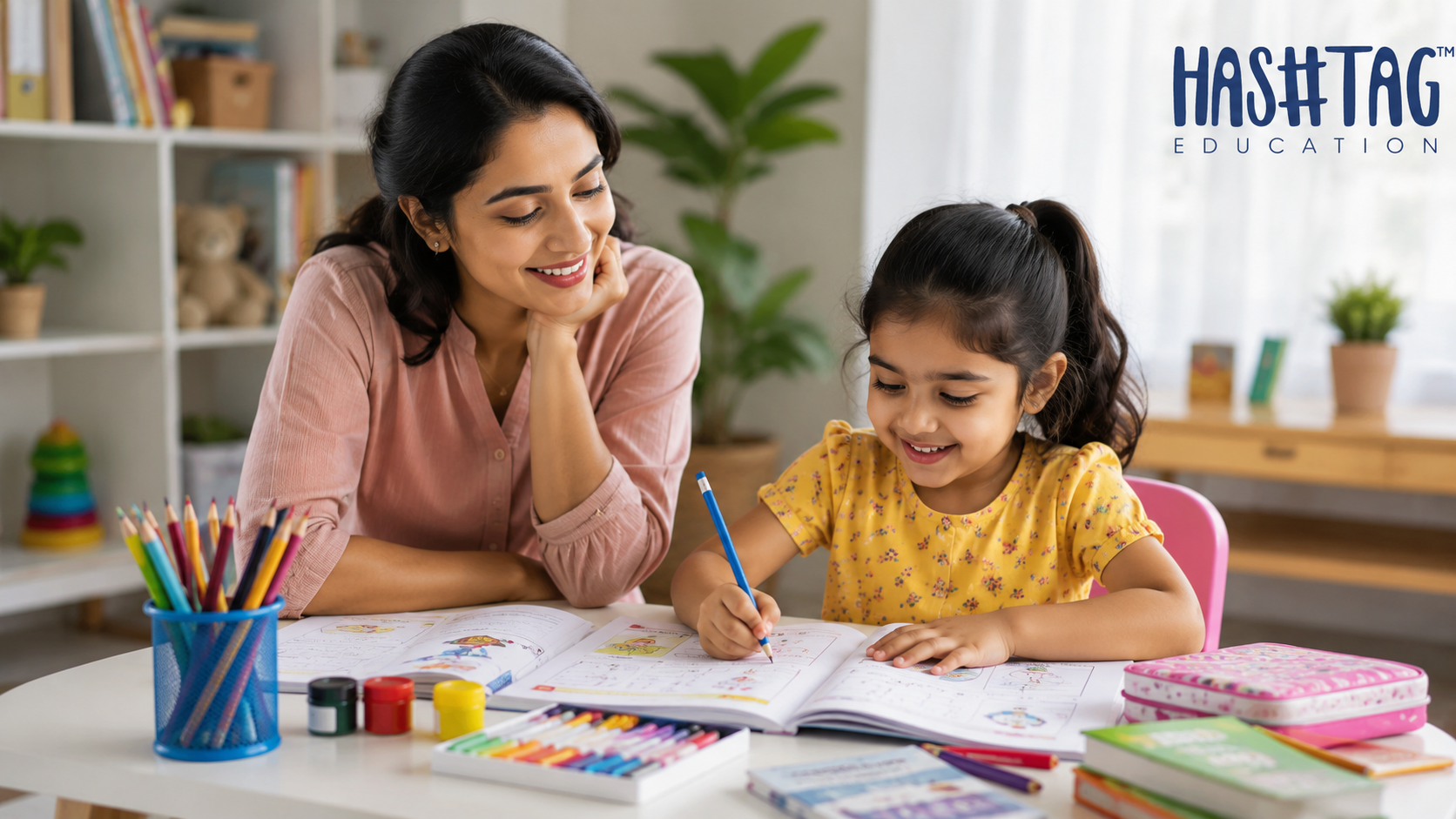 UKG preparation at home shown through a young child happily writing and colouring at a small study table with a parent nearby