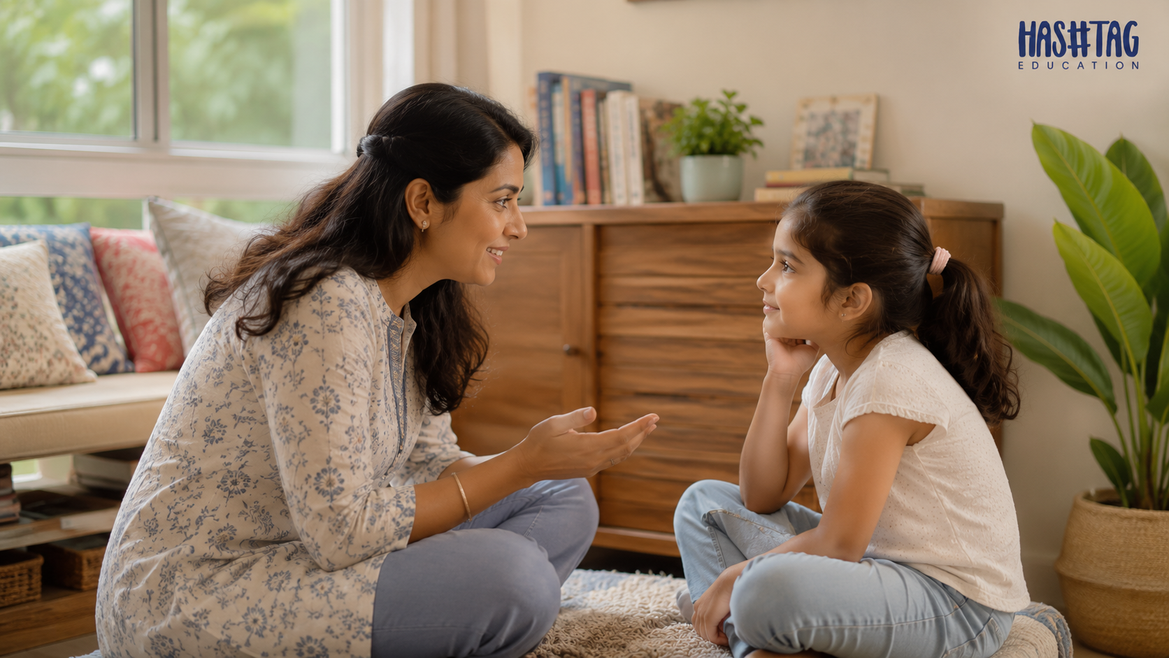 Parent using positive communication with children during a calm talk
