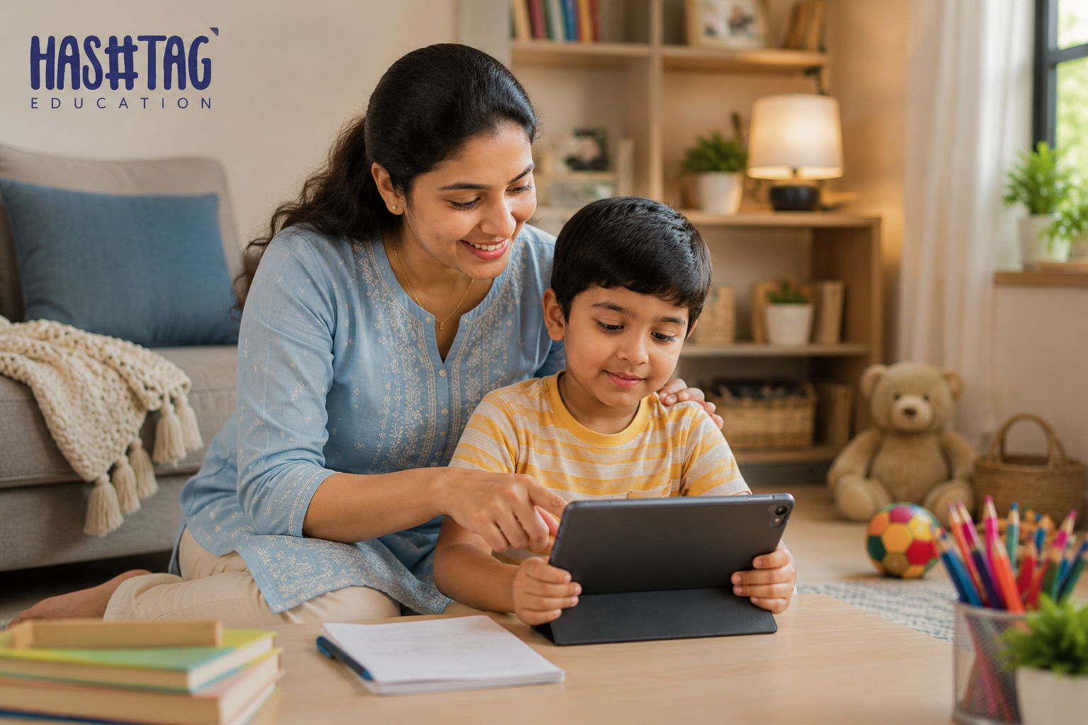 Parent guiding age-appropriate screen time with a young child