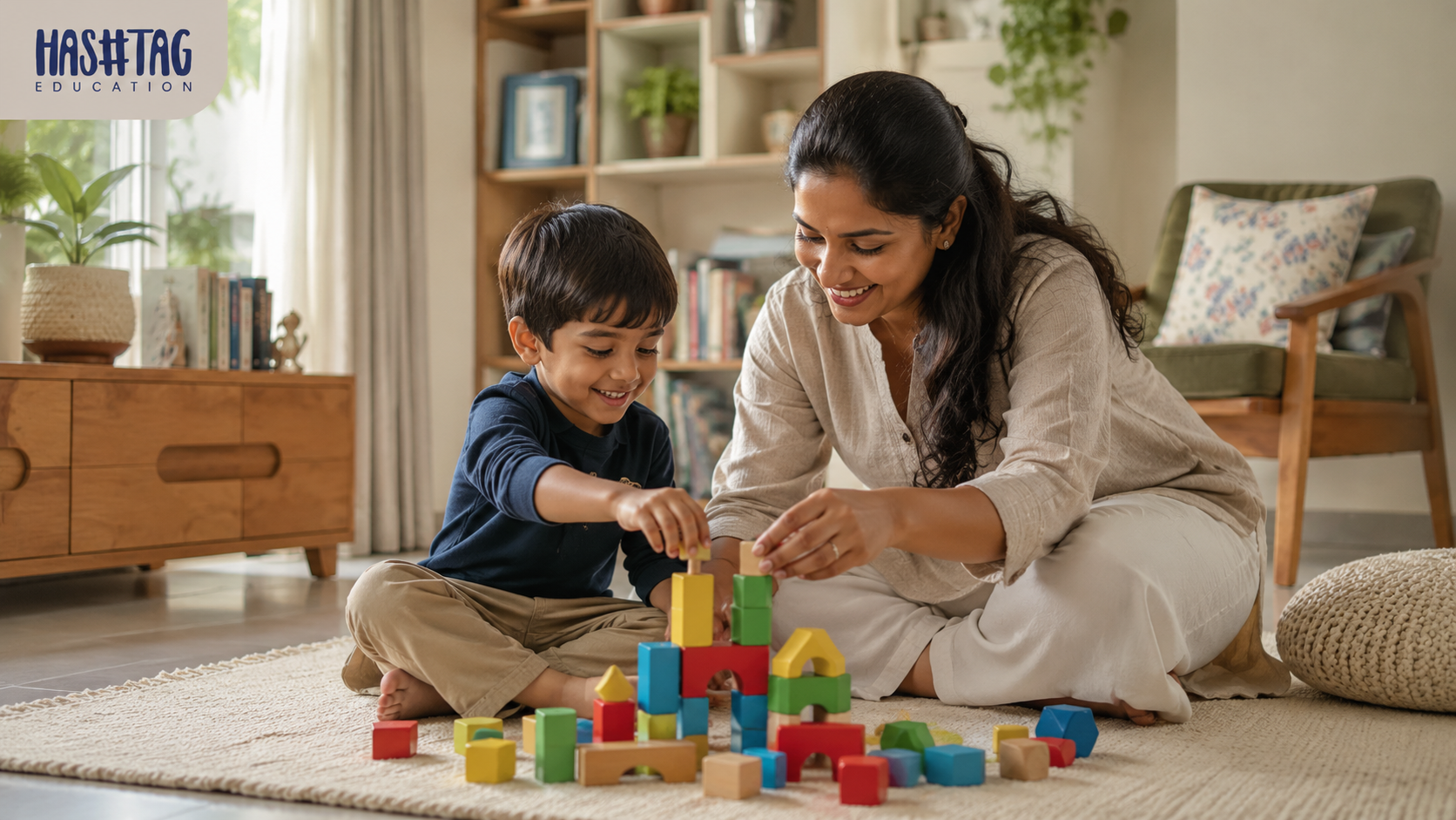 A father and playing with your child with colorful blocks against a yellow background with educational doodles.