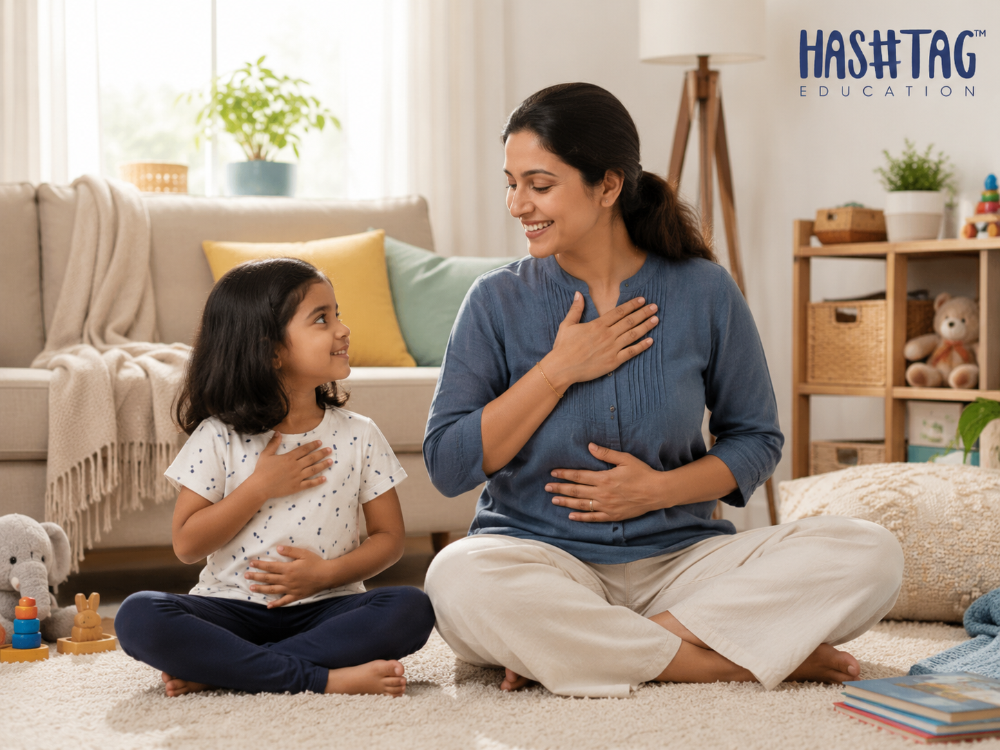Parent and child practising mindfulness for kids with breathing exercises