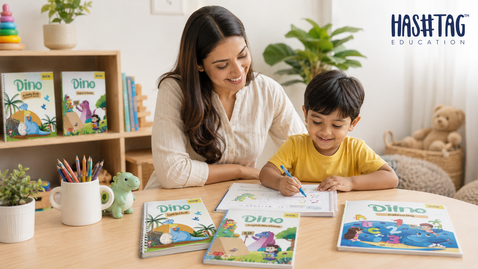 Worksheets for nursery kids shown through a young child happily tracing and colouring at a small home study table with a parent nearby