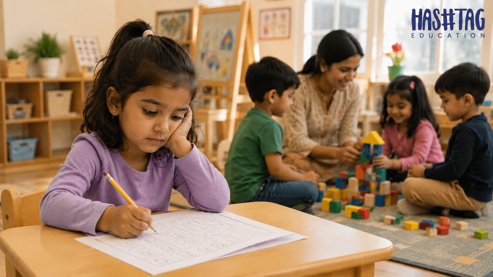 Is preschool too academic for kids shown through a young child sitting at a small desk with a worksheet while a teacher plays with other children nearby