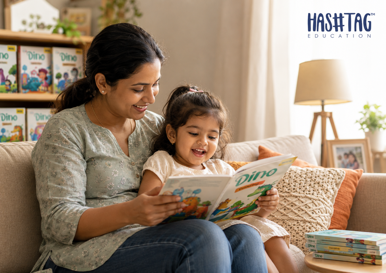 How to teach child to love reading shown through a parent reading a picture book aloud to a toddler snuggled on the sofa at home