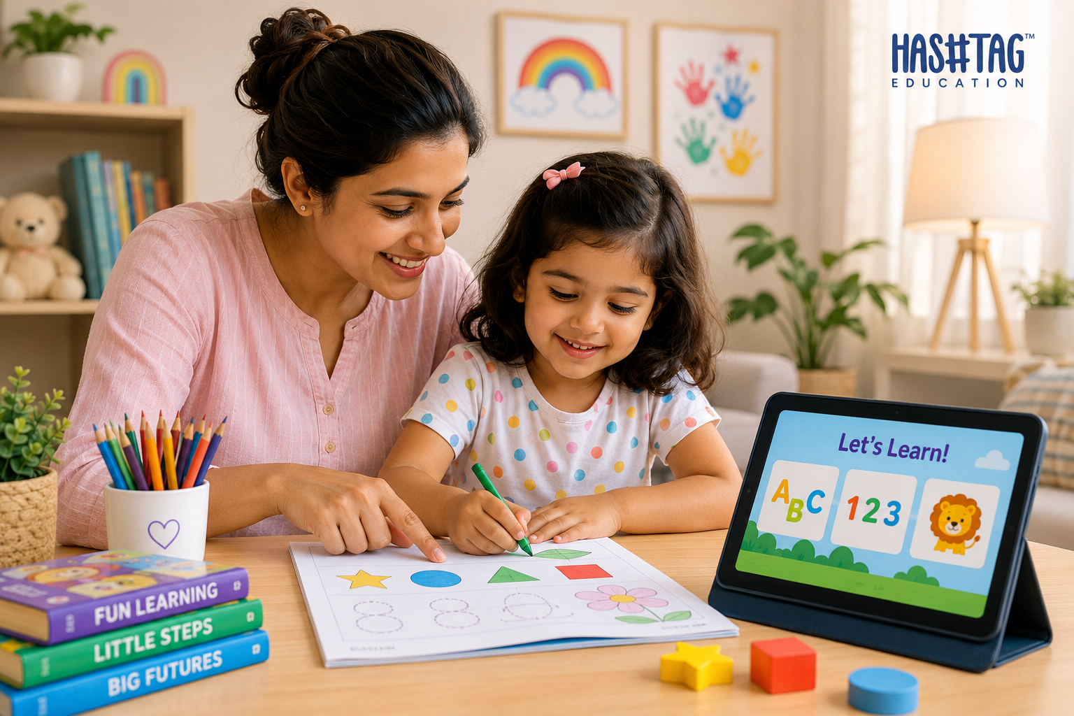 Online classes for nursery and LKG kids shown through a young child happily learning on a tablet with a parent at home
