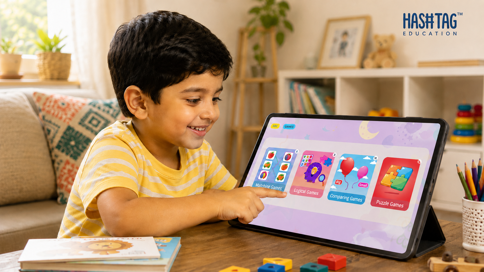 Educational games for kids shown through a young child happily playing with colourful learning blocks and activity cards at home