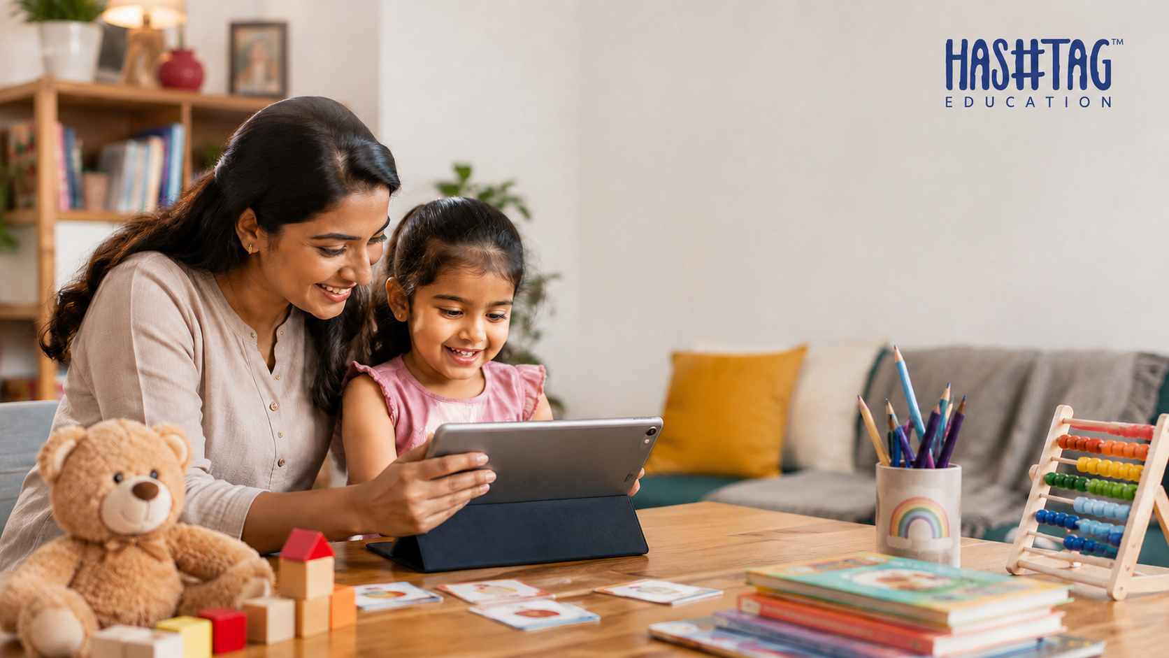 Best online courses for preschool kids in India shown through a young child learning with a parent on a tablet at home