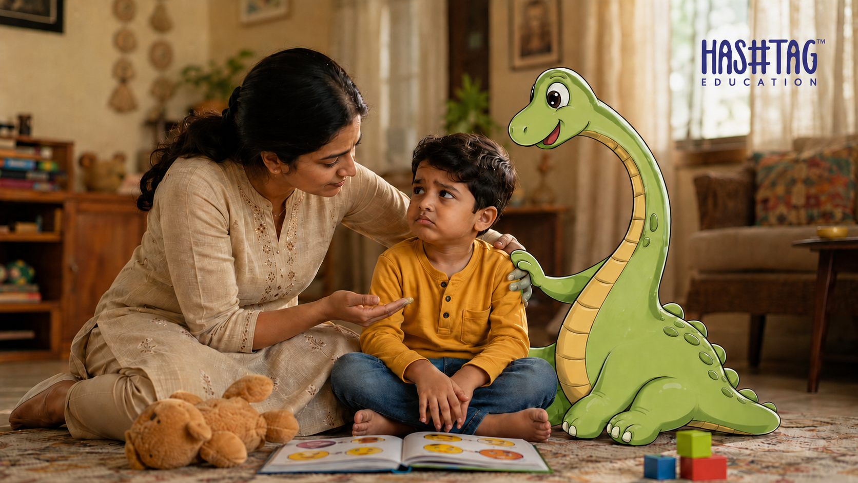 How to raise an emotionally intelligent child shown through a parent kneeling and gently talking to an upset young child