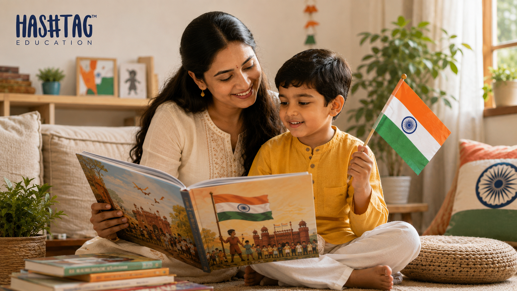 How to explain freedom to kids shown through a small child holding an Indian flag while a parent reads a book about India's independence at home