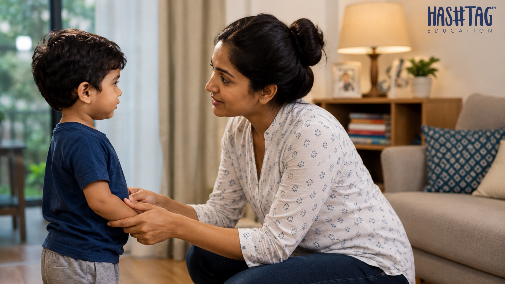 How to discipline a toddler without yelling shown through a warm parent kneeling down and gently speaking to a young toddler at home