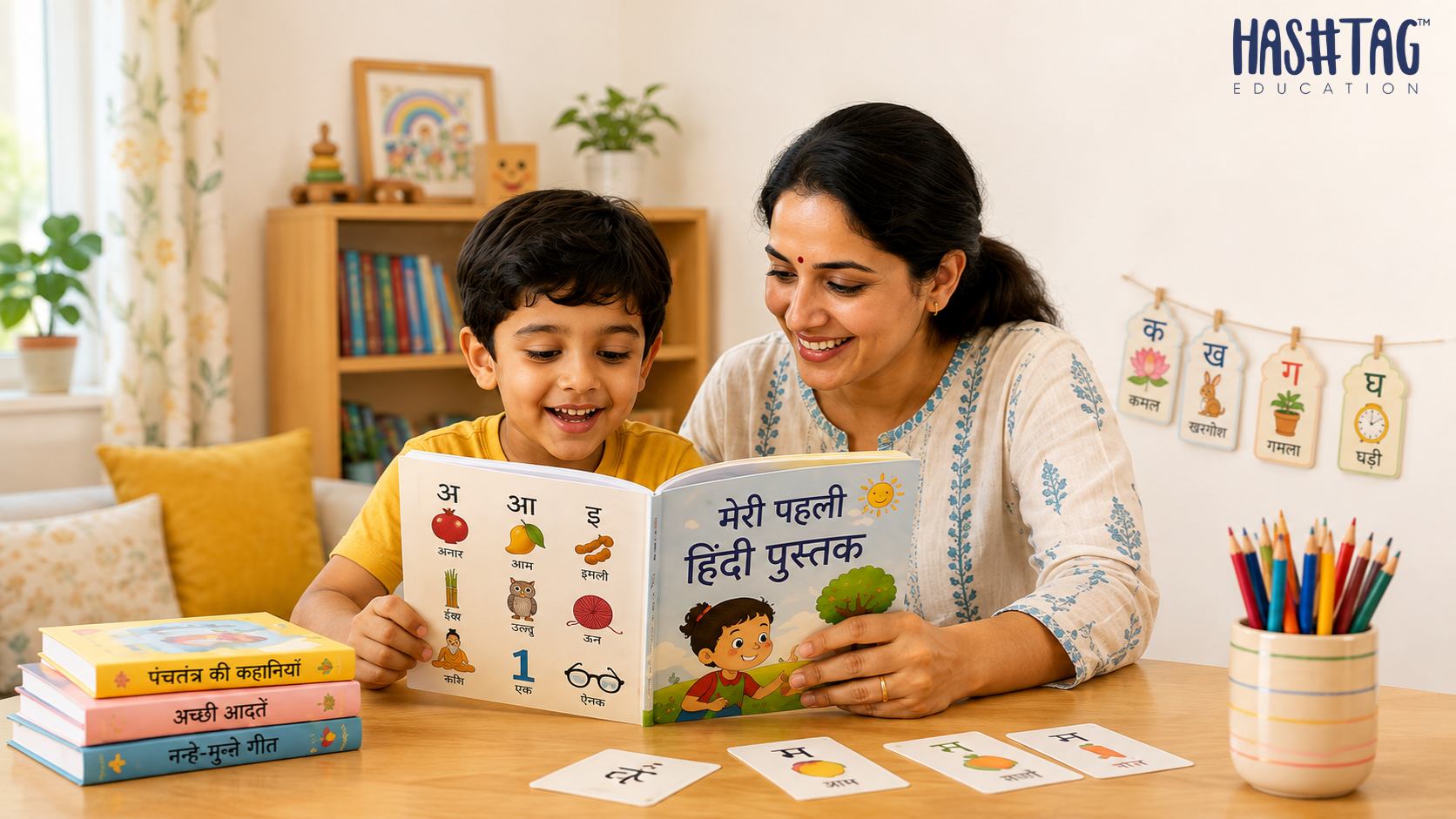 How to teach Hindi to kids shown through a young child happily reading a Hindi picture book with a parent at home