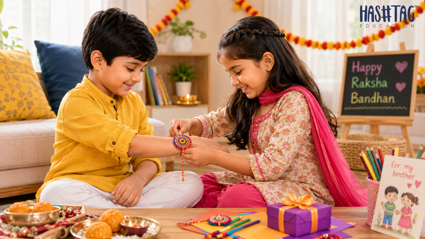 Raksha Bandhan activities for kids shown through a young sister tying a colourful handmade rakhi on her brother's wrist at home