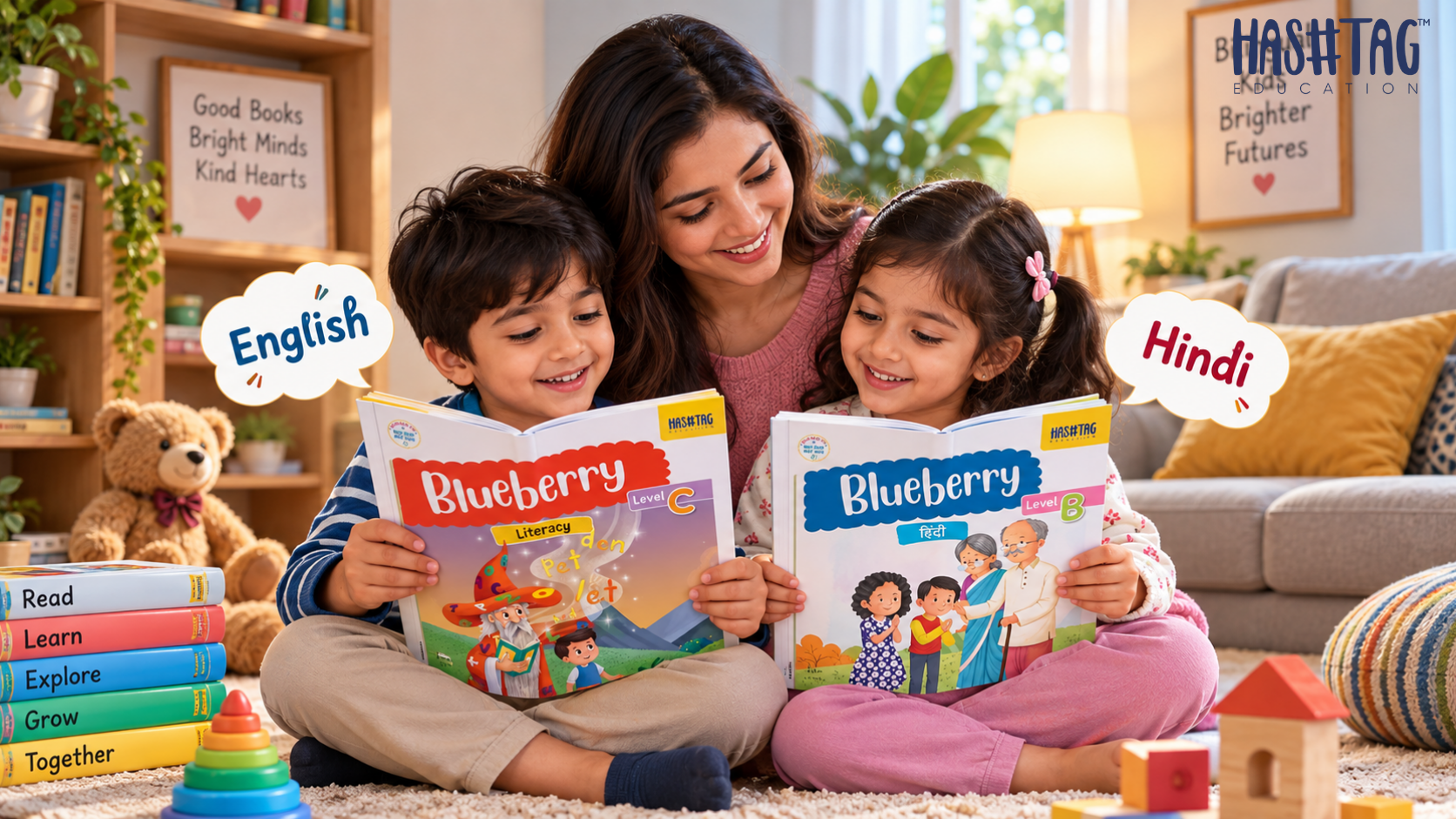 Bilingual learning for kids using Hindi and English books with parents at home