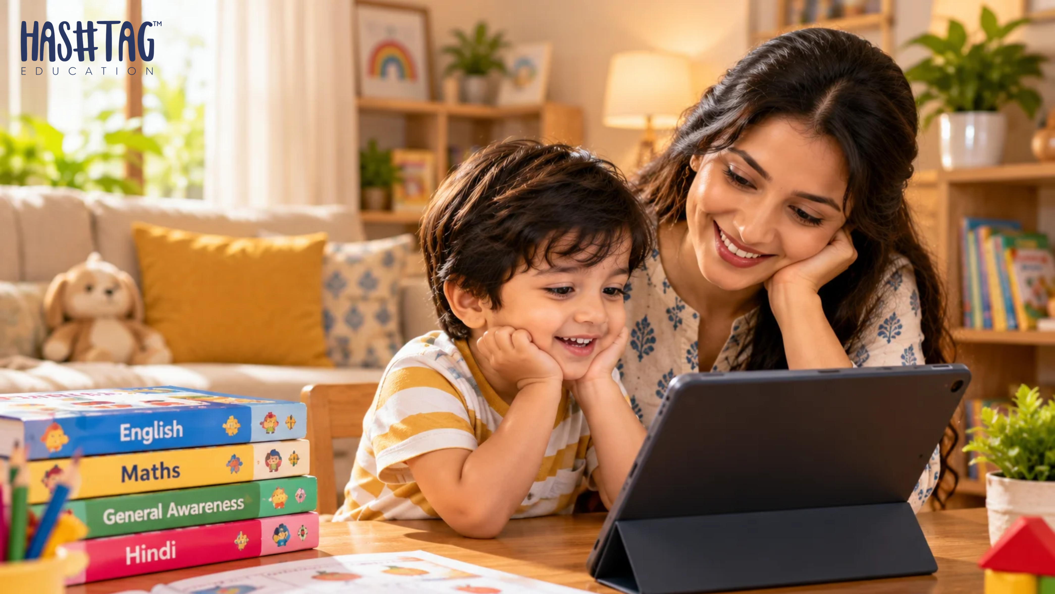 Screen time for kids by age shown with an Indian toddler watching a screen-smart learning video with a parent nearby at home