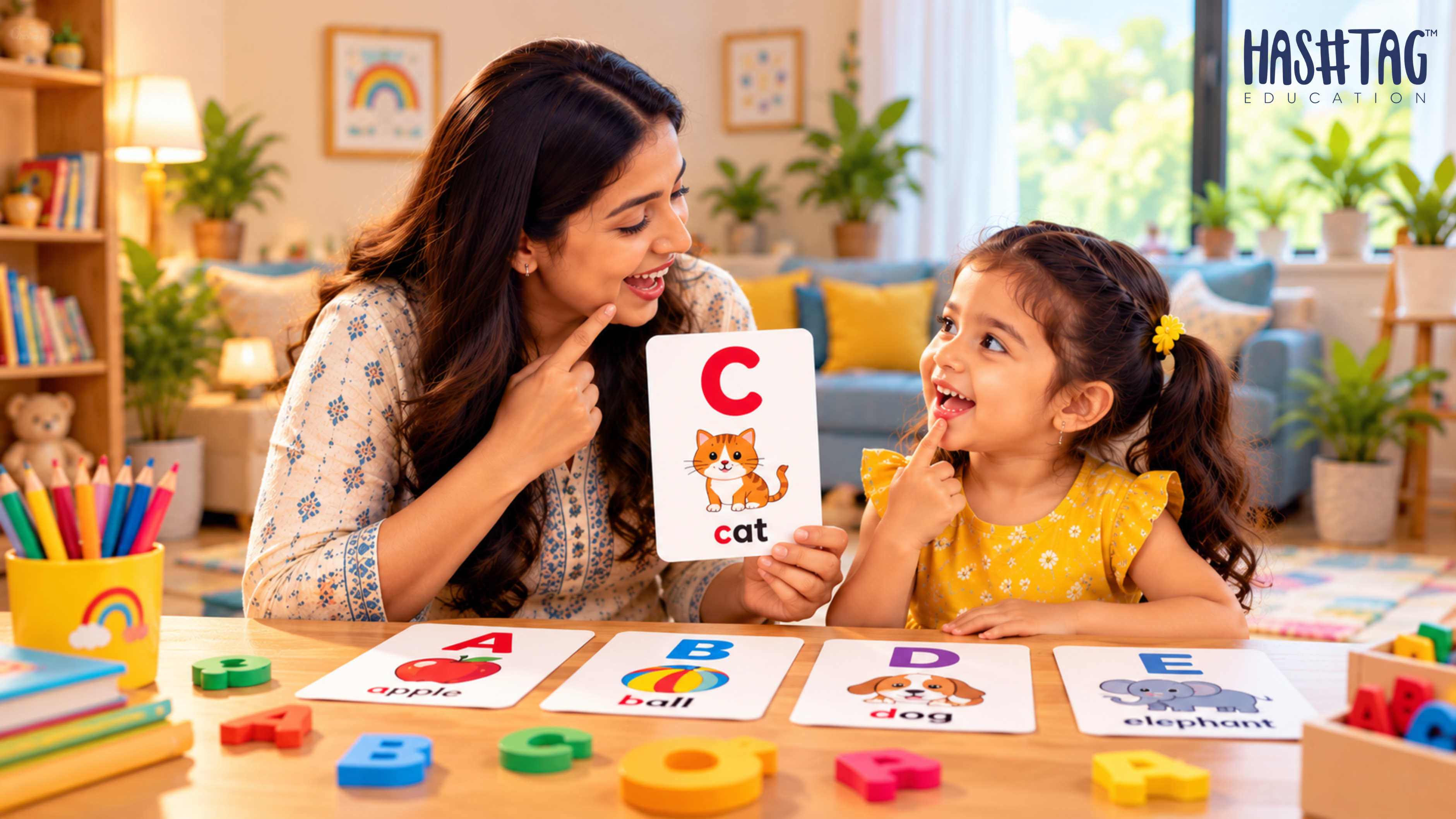 Teaching phonics to preschoolers shown with an Indian 4 year old learning letter sounds using phonics flashcards at home with a parent